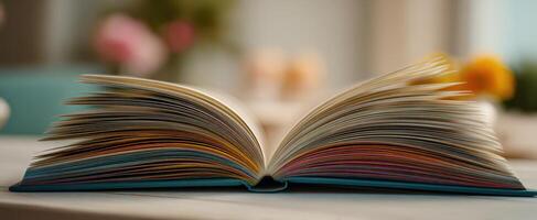 The colorful pages of an open book on a cozy table setting. photo