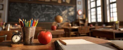 The inviting classroom with apple and colorful stationery symbols of learning. photo
