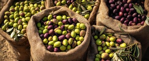 The vibrant display of freshly harvested olives in burlap sacks. photo