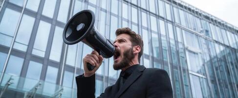 The man passionately shouting into a megaphone outside a modern glass building. photo