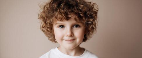 The adorable child with curly hair smiling in a warm, inviting setting. photo
