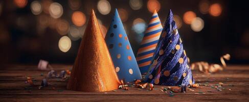 The colorful party hats arranged on a rustic wooden table with a festive vibe. photo