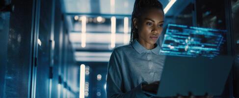 The focused woman working on a laptop in a modern data center. photo