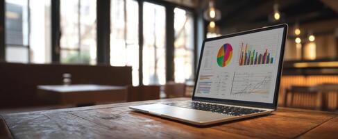 The laptop displaying data analytics in a modern workspace setting. photo