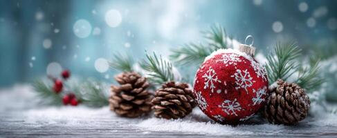 The vibrant red ornament adorned with snowflakes amidst pine branches and cones photo