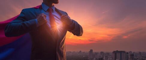 The Superhero Businessman Revealing His Power at Sunset Over the Cityscape photo