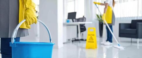 The worker cleaning the modern office space with a mop and bucket. photo