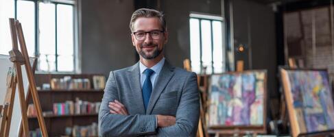The confident businessman standing proudly in a contemporary art gallery. photo