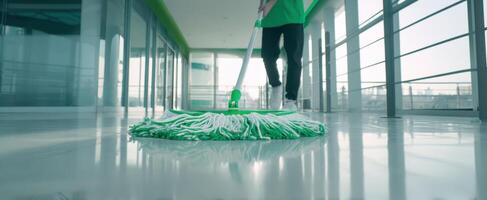 The cleaning professional mopping a shiny floor in a modern office space. photo