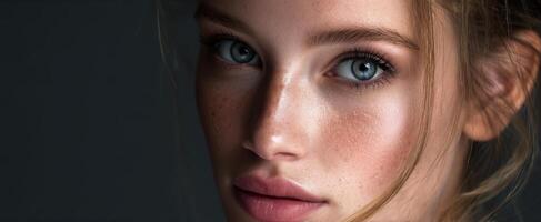 The captivating beauty of a serene model with striking blue eyes. photo