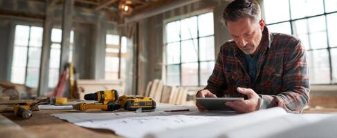 The dedicated carpenter analyzing building plans with a tablet at the worksite. photo