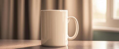 The serene coffee mug resting on a table during a quiet morning light. photo
