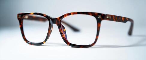 The elegant tortoiseshell glasses with clear lenses on a minimalist background. photo