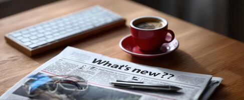The newspaper and coffee cup on a wooden desk showcasing a modern workspace. photo