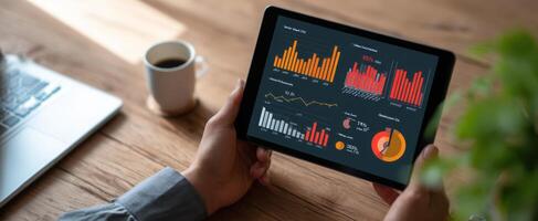 The tablet displaying detailed analytics and business performance metrics. photo