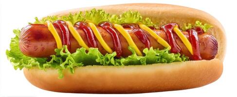 The colorful hotdog garnished with lettuce, ketchup, and mustard. photo