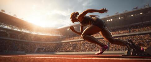 The athlete sprinting off the starting blocks in an exciting competition scene. photo
