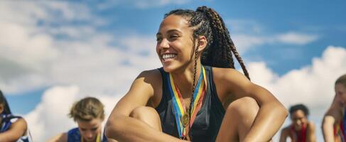The smiling athlete celebrating victory among her friends at an outdoor event. photo