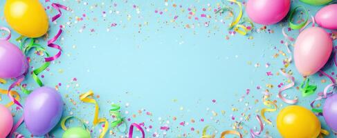 The vibrant collection of balloons and confetti for a festive celebration. photo