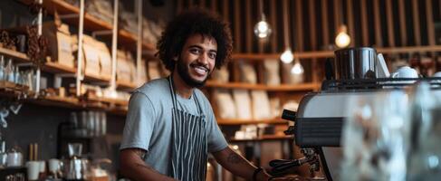A smiling man in an apron is working at a coffee shop photo
