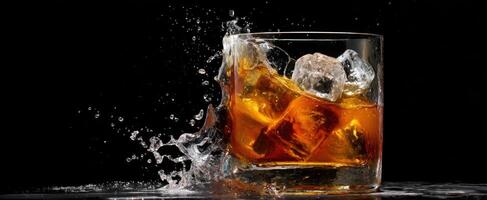 The whiskey glass splashing water with ice cubes in a dark setting. photo