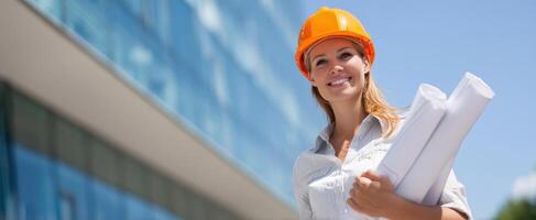The confident architect holding blueprints at a modern construction site. photo