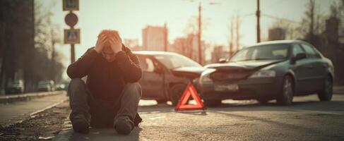 The distressed man sitting on the road after a serious car accident. photo