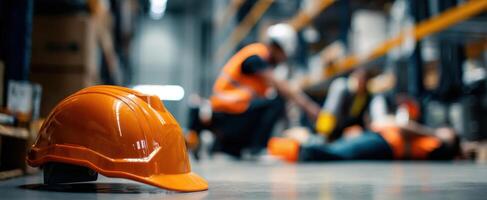 The safety helmet in a warehouse highlights the importance of workplace precautions. photo