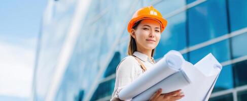 The confident architect holding blueprints on a construction site. photo