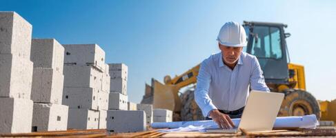 The engineer reviewing blueprints and plans on a construction site with machinery. photo