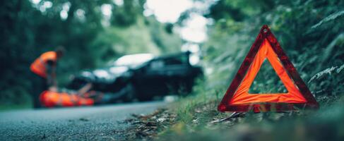 The emergency triangle alerting motorists to a roadside vehicle accident. photo