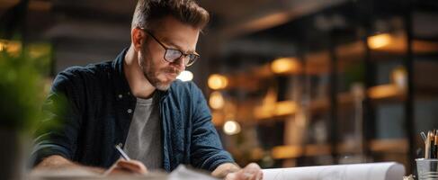 The focused architect sketching designs in a modern workspace environment. photo