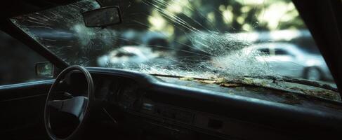 The abandoned car interior with a shattered windshield and nature reclaiming the space. photo