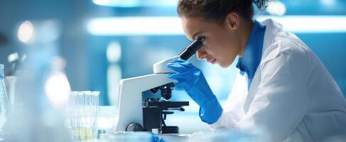 A woman in a lab coat looking through a microscope photo