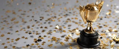 The shining trophy surrounded by sparkling stars and celebratory confetti. photo