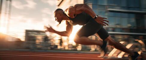 The athlete sprinting powerfully on the track during a stunning sunset backdrop. photo