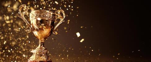 The golden trophy shining with celebration and festive glitter on a dark background. photo