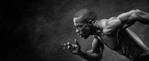 The dynamic athlete showcasing strength and speed in a powerful running pose. photo