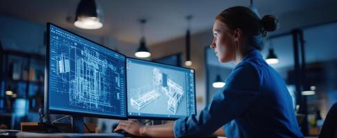 The designer working diligently at a dual-monitor workstation creating architectural plans. photo