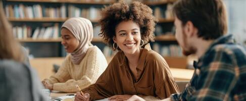 The group of diverse students engaging in lively conversation at a library table. photo