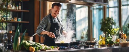 The chef skillfully cooking in a bright and inviting modern kitchen environment. photo
