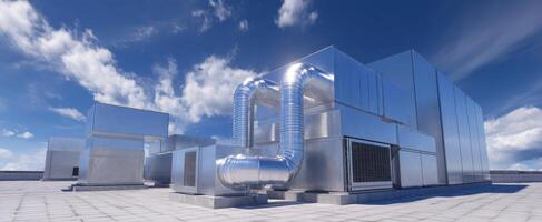 The industrial HVAC system on a modern rooftop under a clear blue sky photo