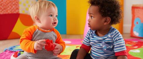 The innocent interaction of two toddlers playing in a colorful indoor setting. photo