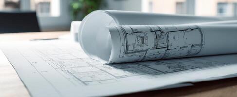 The detailed blueprint showcasing architectural design and planning on a workspace. photo