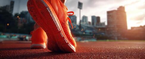 The vibrant orange running shoes on a track during sunset. photo