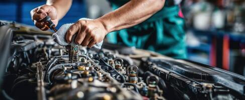 The mechanic working meticulously on a car engine in an automotive workshop. photo