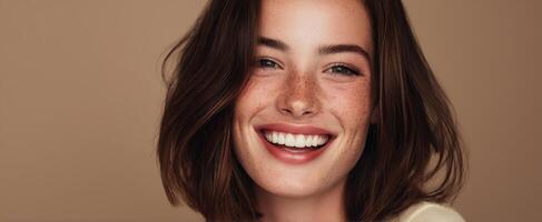 The joyful woman with beautiful freckles and a radiant smile. photo