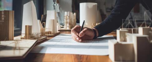 The architect's hand drafting plans surrounded by architectural models and designs. photo