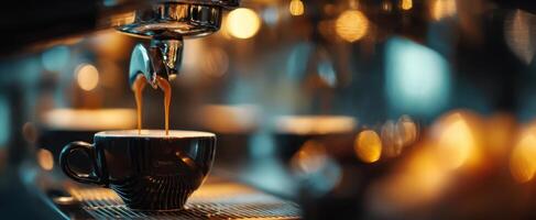 The espresso being brewed in a cozy cafe setting with warm tones. photo