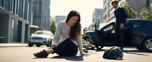 The cyclist sitting on the road after an accident seeking assistance from a passerby. photo